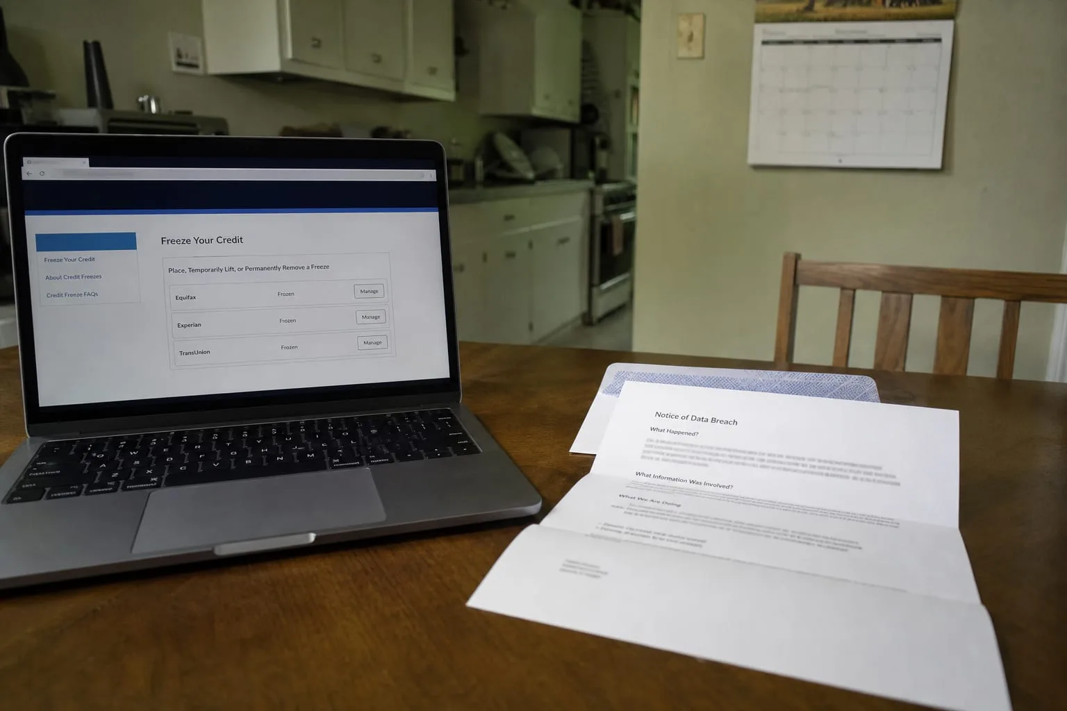 An opened breach notification letter on a kitchen table beside a laptop showing a credit bureau freeze page, with a wall calendar visible in the background