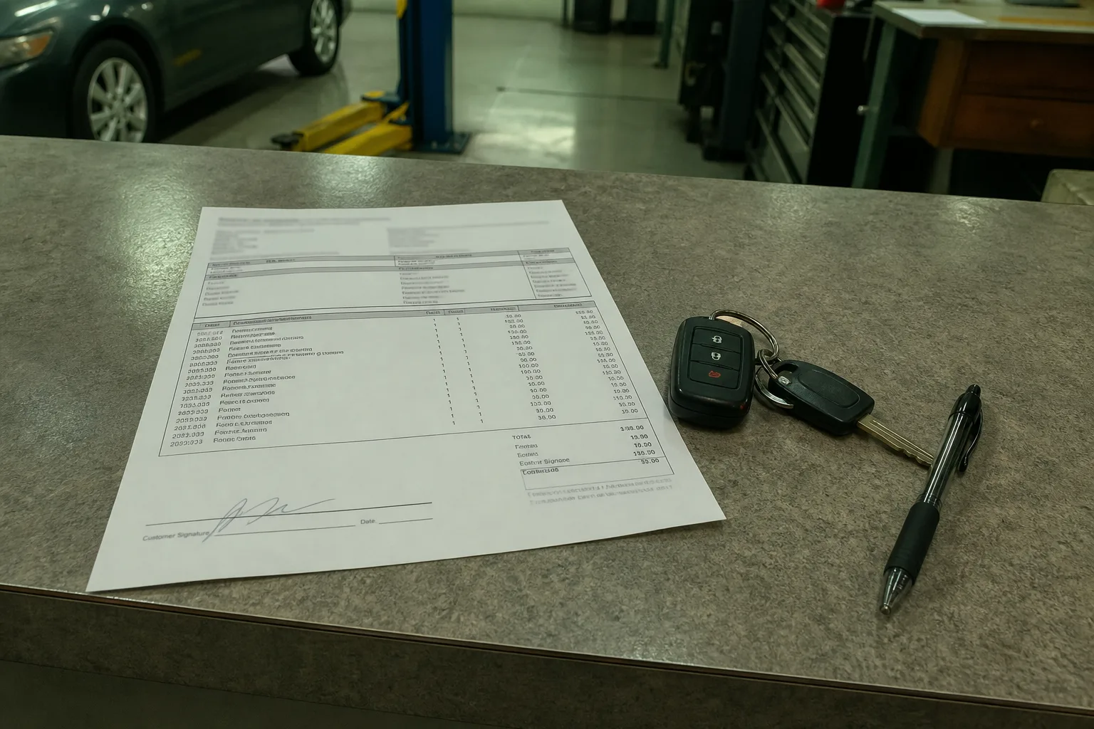 A printed automotive repair order on a service department counter, with itemized parts lines and a customer signature block, a set of car keys and a pen rest...