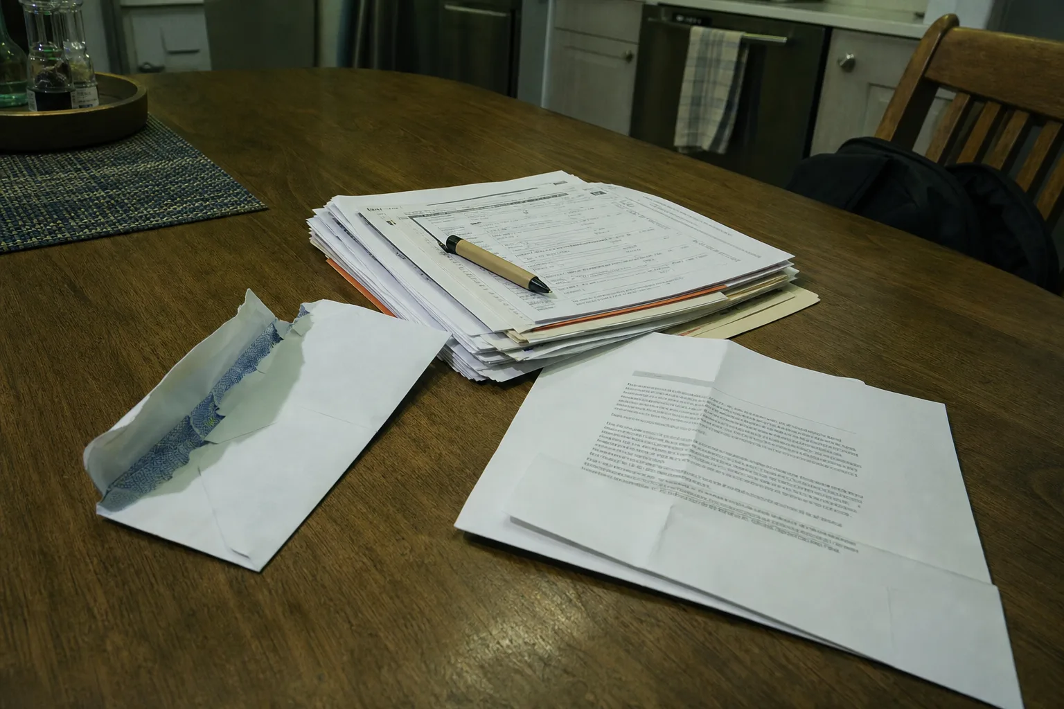 A folded data breach notification letter on a kitchen table beside a stack of January tax documents and an opened envelope