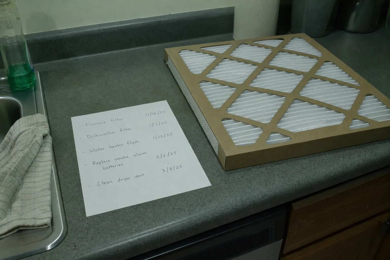 A single sheet of paper with a short handwritten household maintenance list and dates, resting on a kitchen counter beside a new pleated furnace filter still...