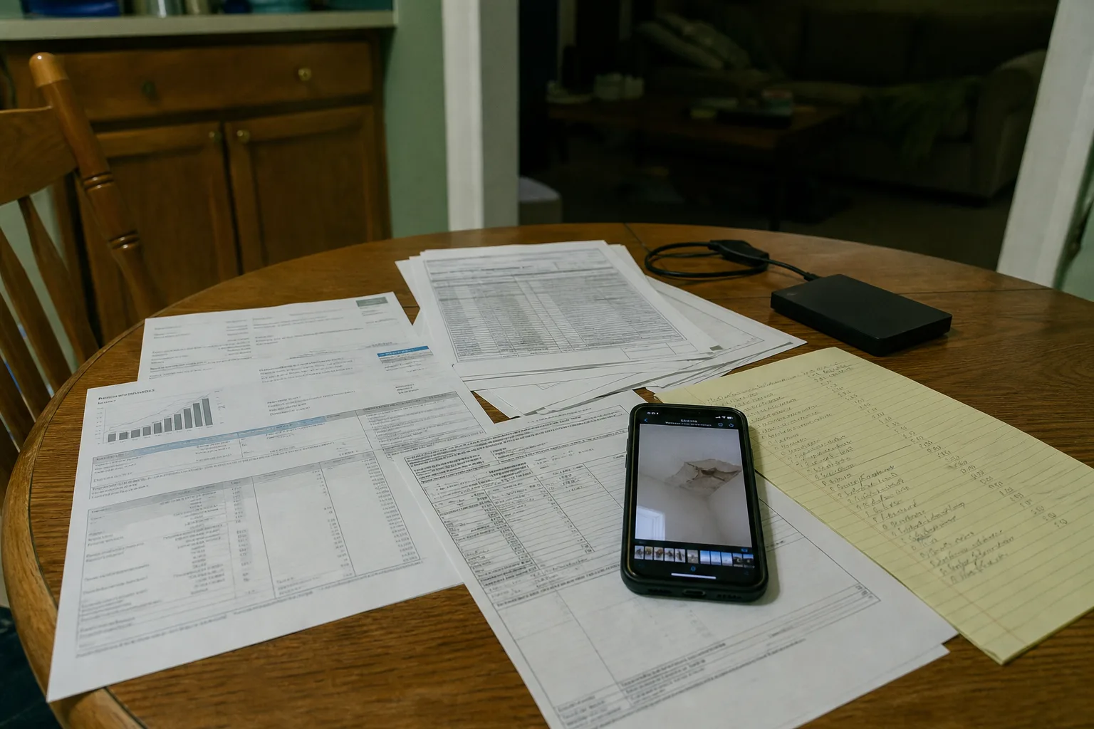 A kitchen table covered with printed utility statements, a permit record photocopy, a contractor's written estimate, a phone displaying a dated photograph of...