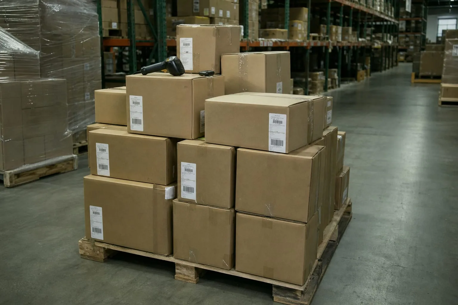 A stack of shipping cartons on a wooden pallet in a shared third-party warehouse aisle, with printed barcode labels, a handheld scanner resting on top, and r...