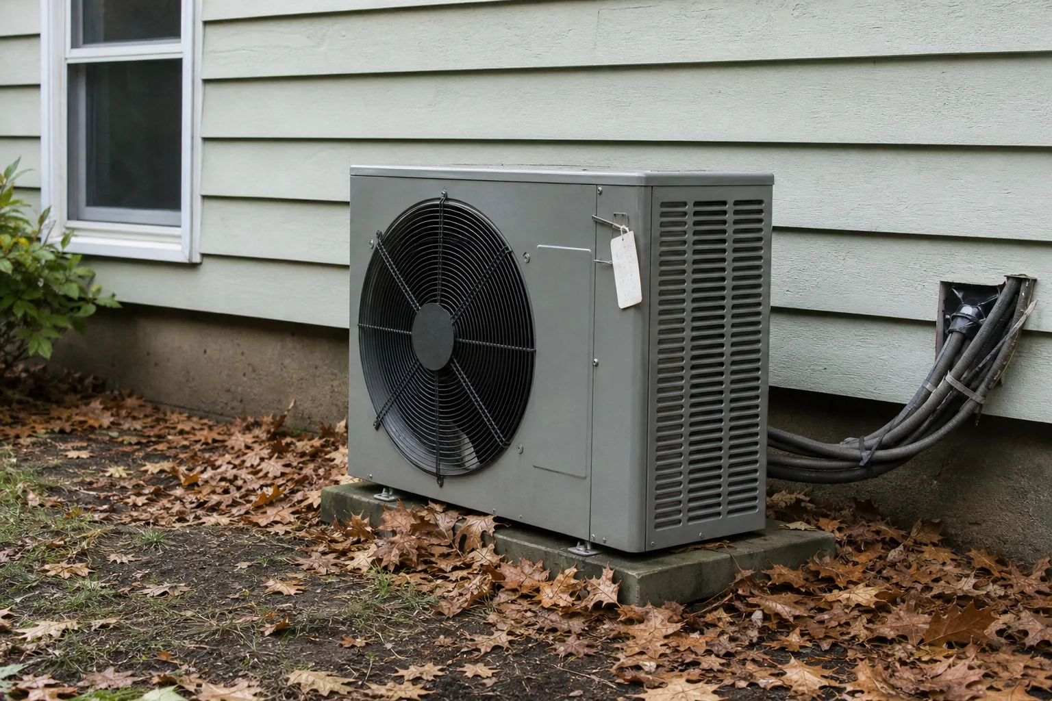 An outdoor heat pump unit beside a house in late autumn, fallen leaves gathered against its base, with a service tag attached to the casing
