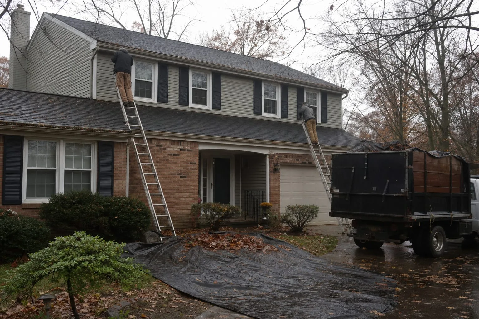 A two-person crew on extension ladders clearing wet leaves from the gutters of a two-story suburban house in late autumn, with a work truck and debris tarp o...