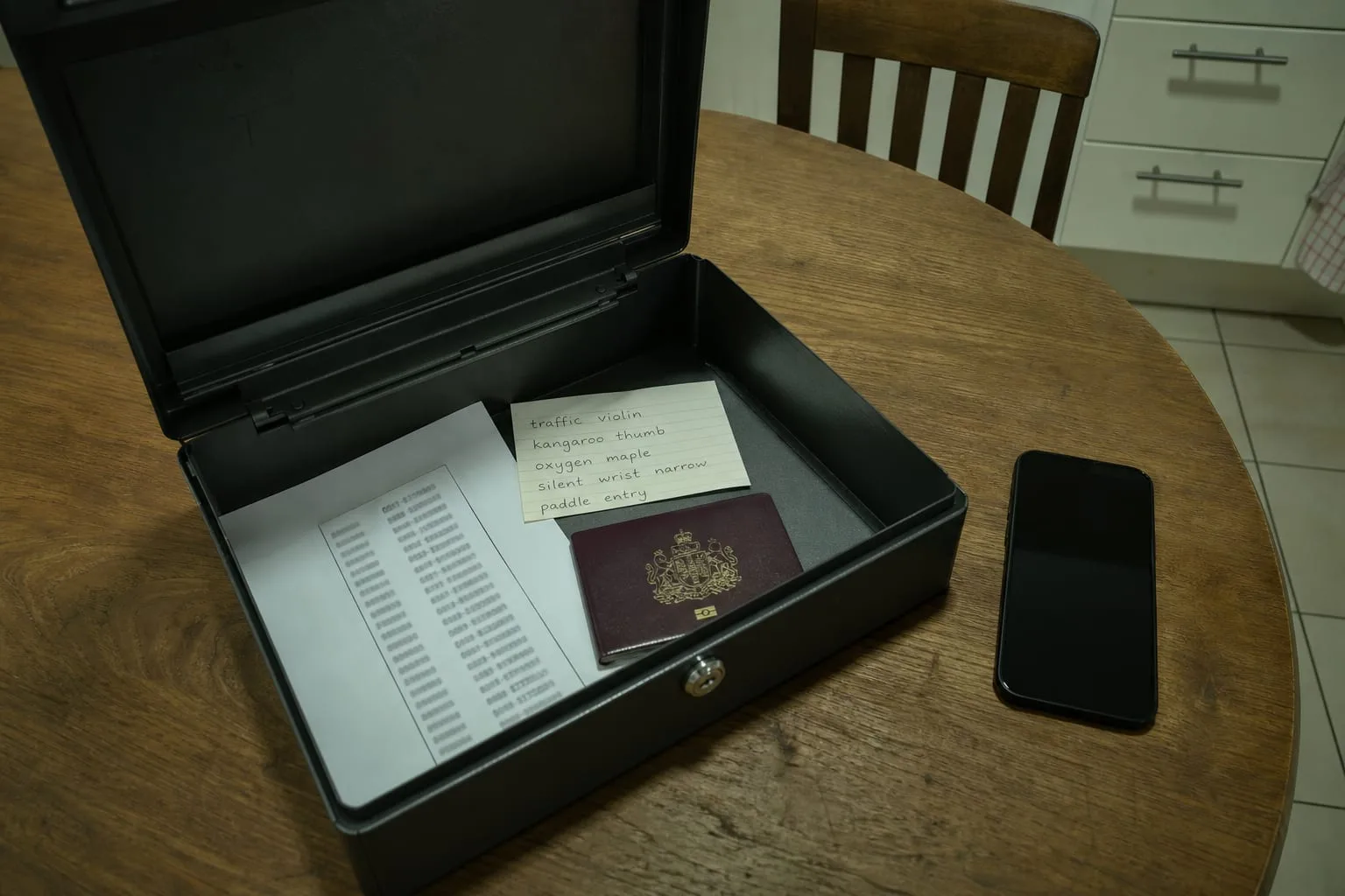 A printed sheet of one-time account recovery codes and a handwritten passphrase card lying inside an open fireproof document box, beside a passport and a new...