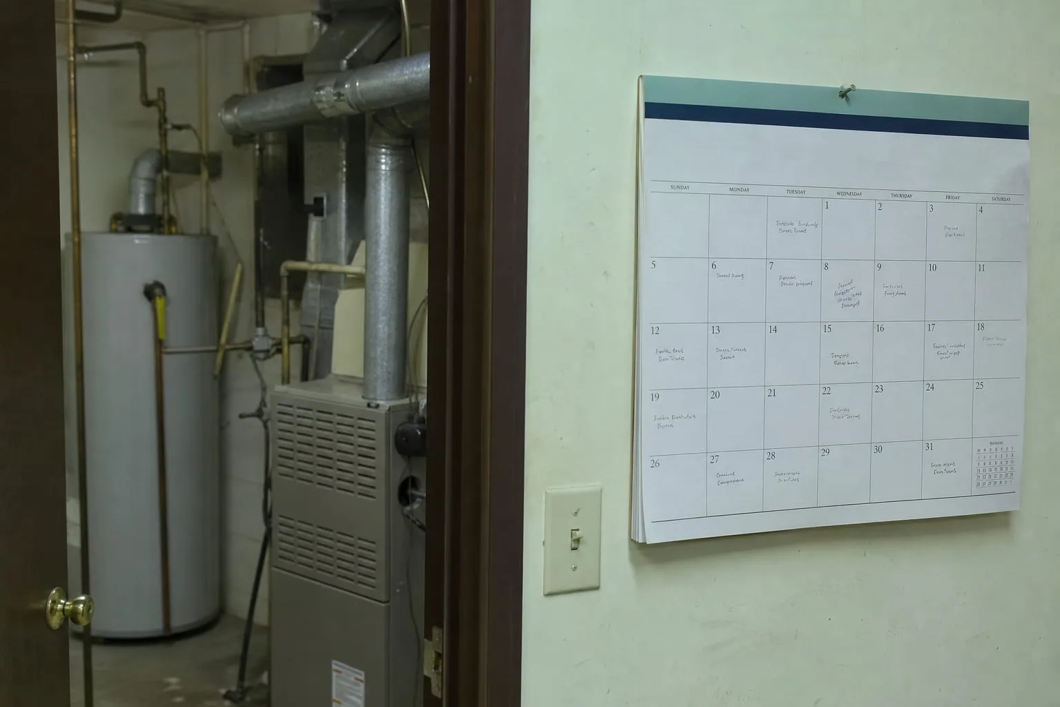 A paper wall calendar hanging beside a utility room door, with handwritten notes on several dates, a furnace and water heater visible behind it