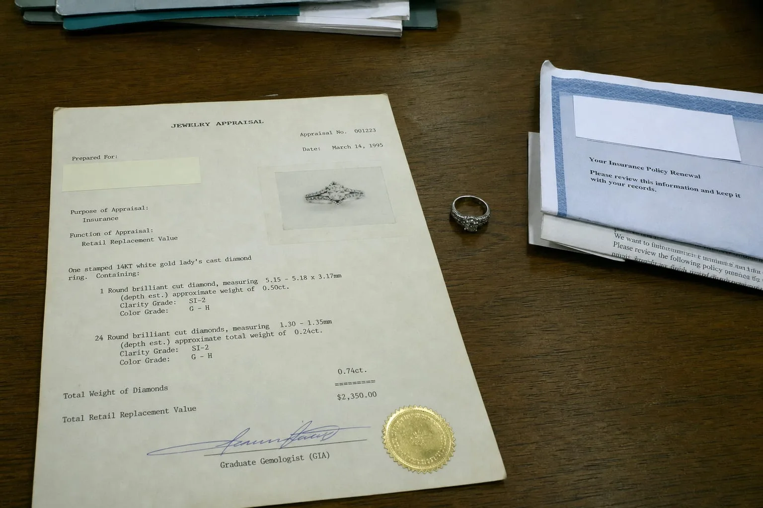 A dated jewelry appraisal document lying beside a diamond ring and a folded insurance renewal notice on a wooden table